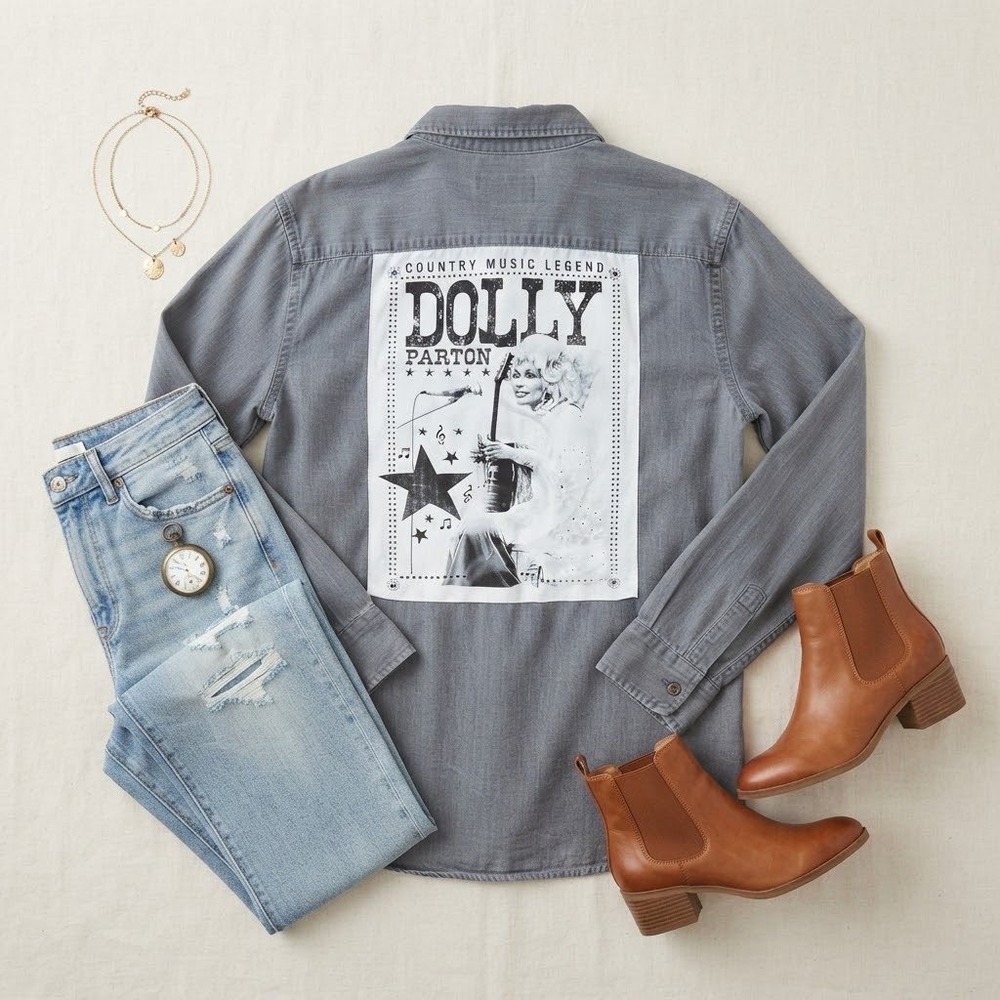 Banana Republic Upcycled Shirt Women M Grey Dolly Parton Graphic Western Boho